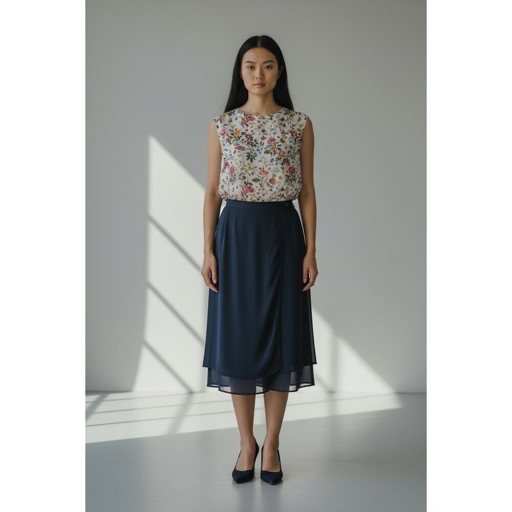 & Other Stories Pleated Waist Front Slit Navy Chiffon Midi Skirt Size 8 NWOT
